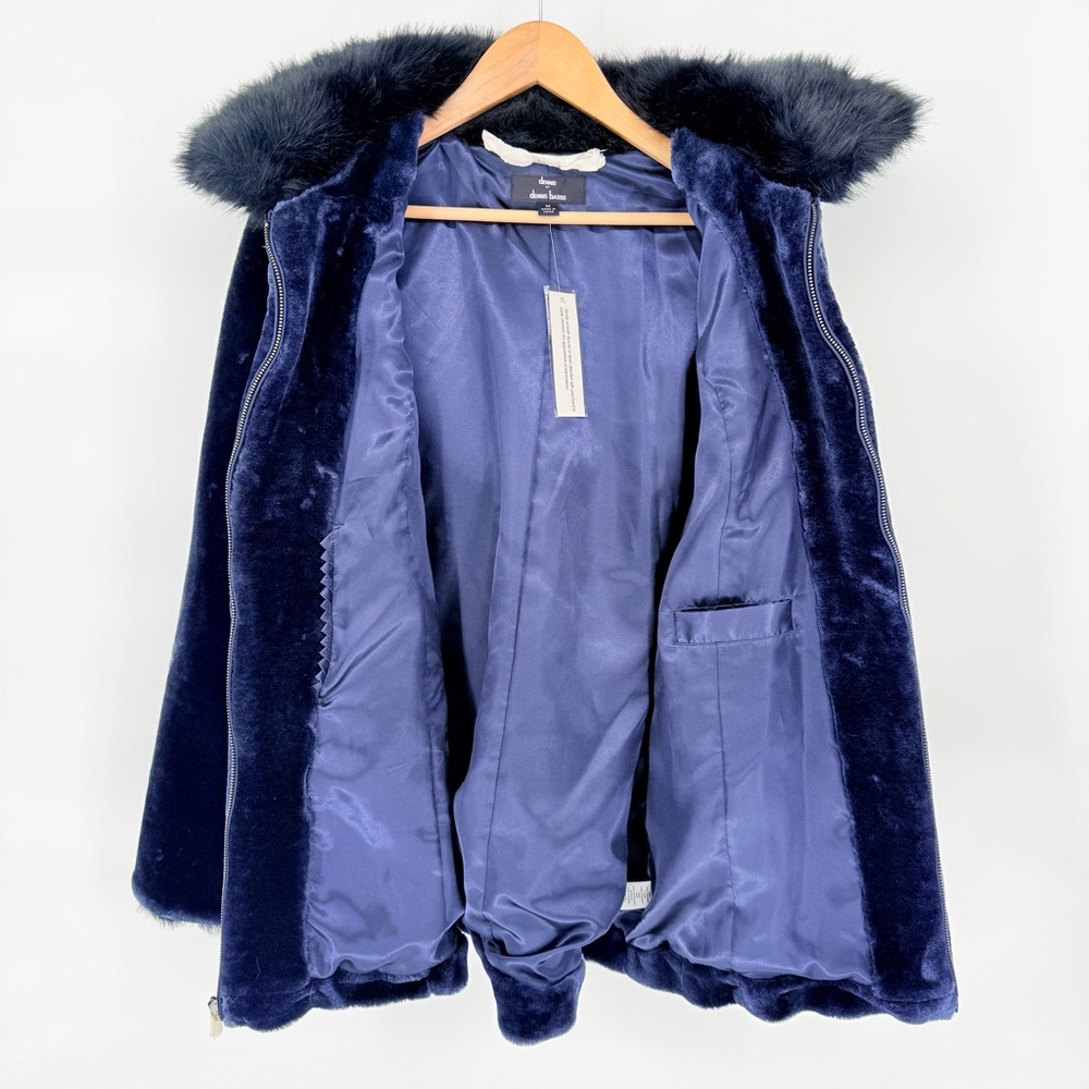 Dennis Basso Midnight Navy Blue Faux Fur Coat Jacket Hooded Plush Womens M Lux - Picture 6 of 16